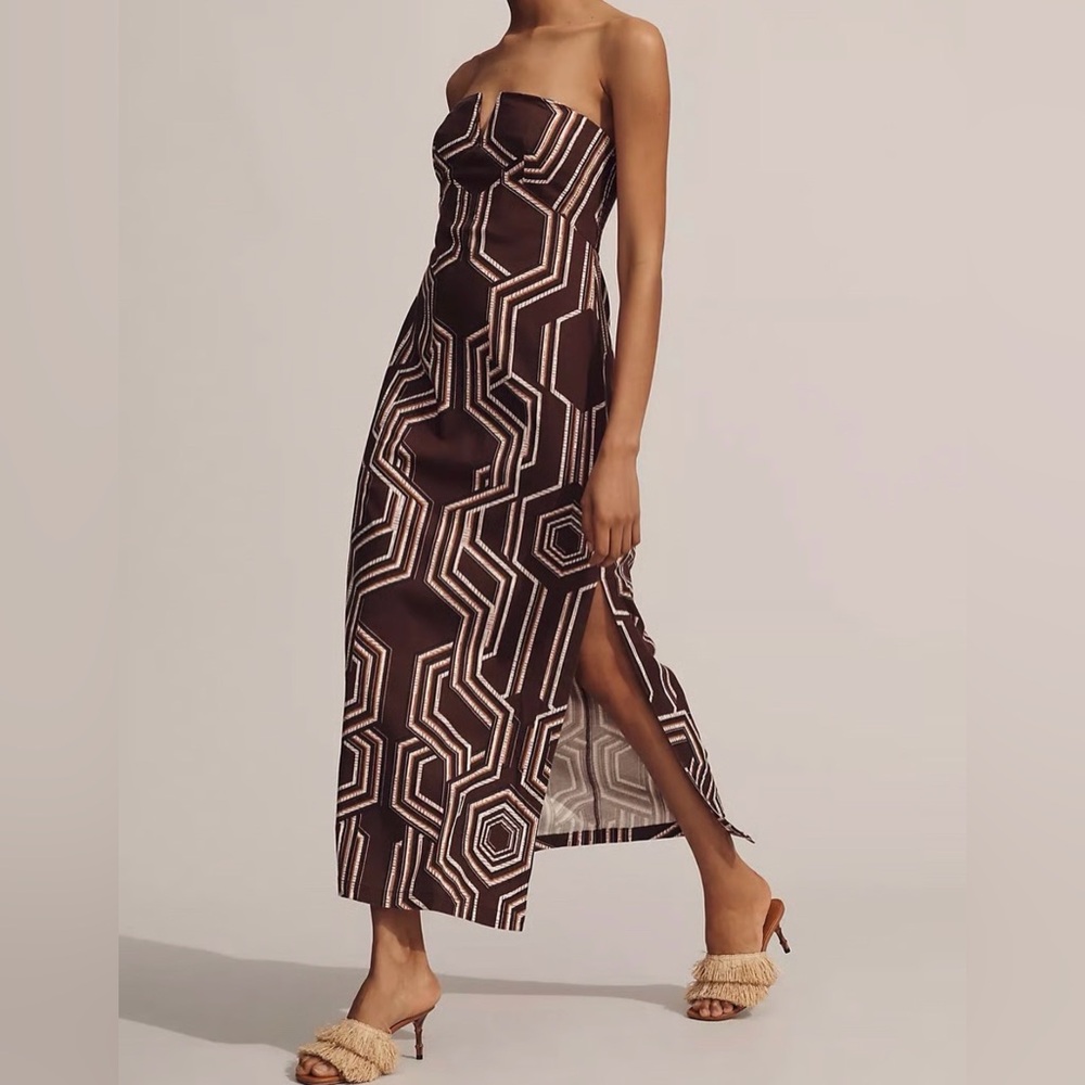 NWT Anthropologie Soleil Linen Geometric Plunge- Neck Midi Dress - Picture 2 of 8